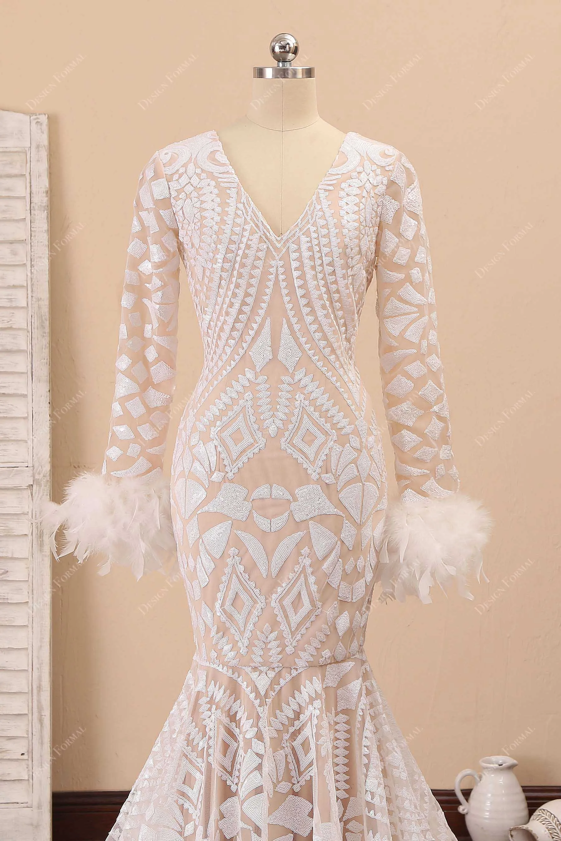 Light Ivory Sequin with Feather Sleeve Unique Trumpet Prom Dress