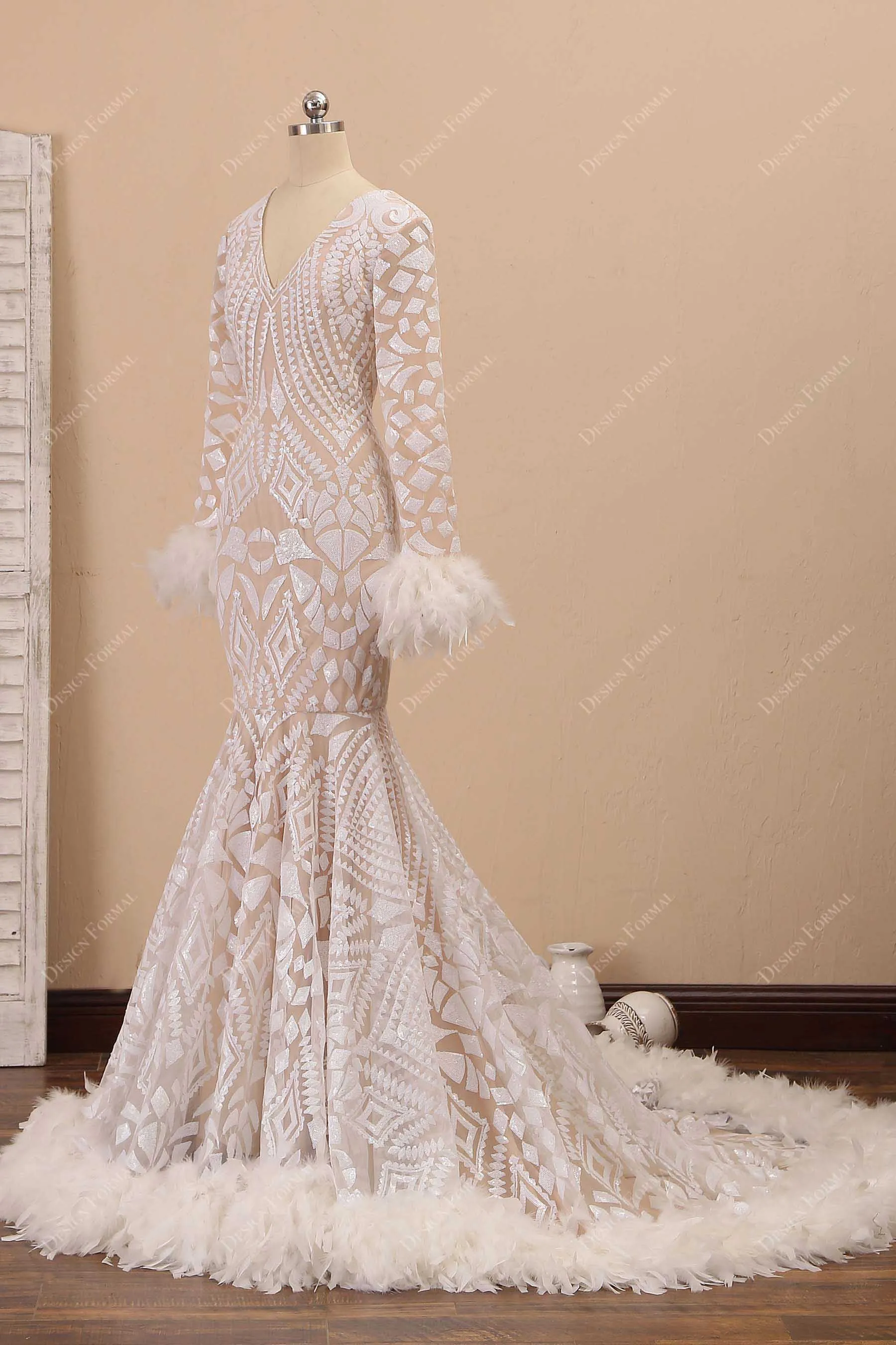 Light Ivory Sequin with Feather Sleeve Unique Trumpet Prom Dress