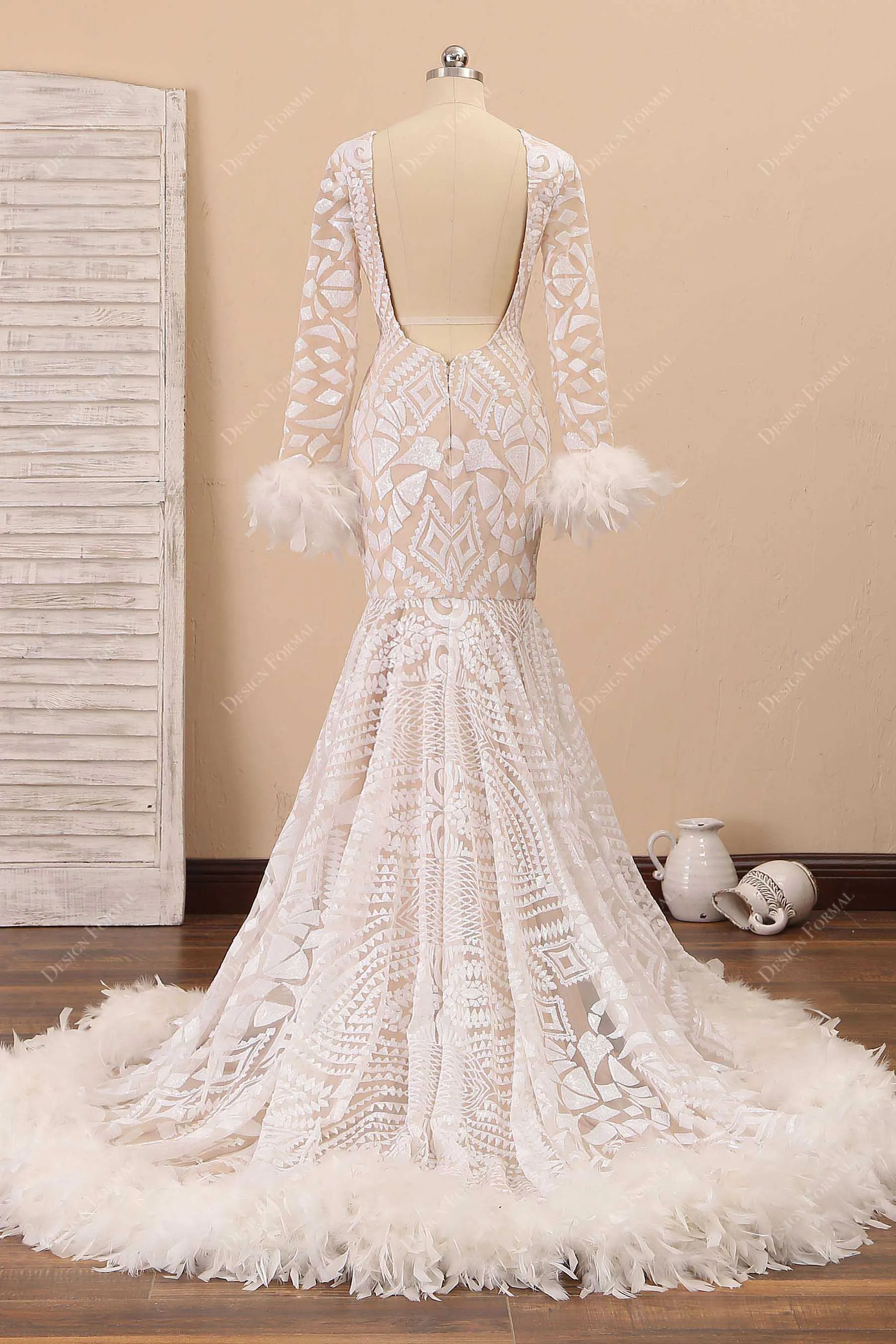 Light Ivory Sequin with Feather Sleeve Unique Trumpet Prom Dress