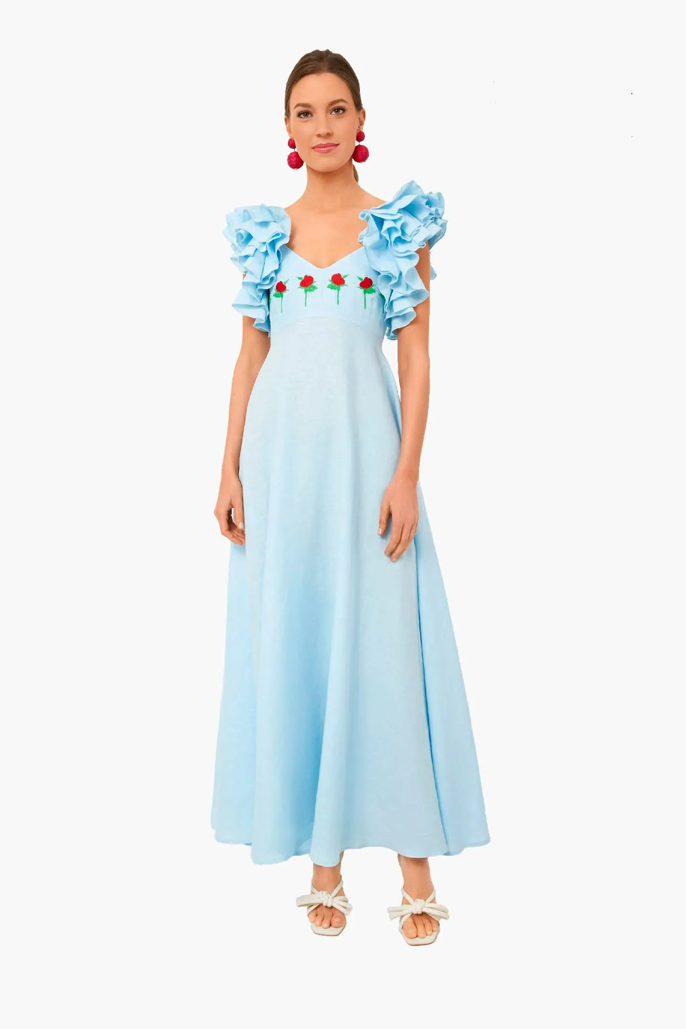 Light Lagoon Demre Linen Embroidered Maxi Dress