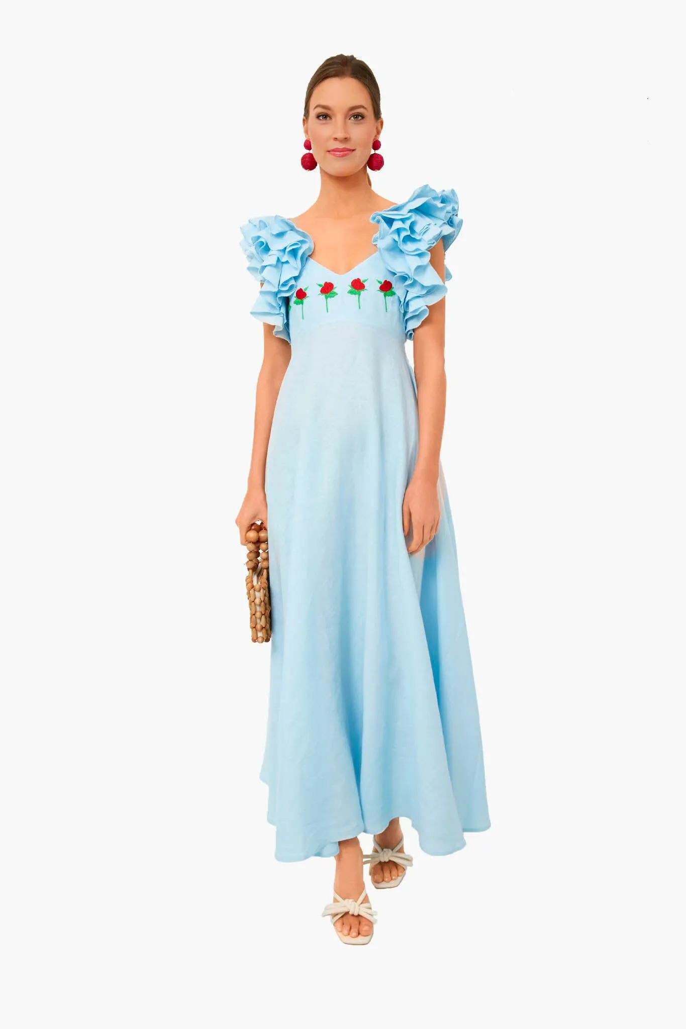 Light Lagoon Demre Linen Embroidered Maxi Dress