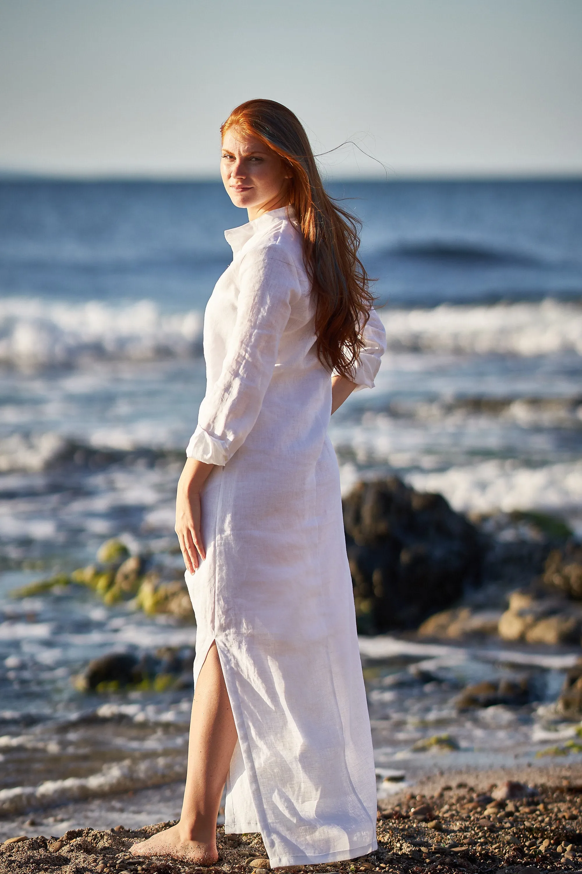 Linen Kaftan Shirt Dress in White