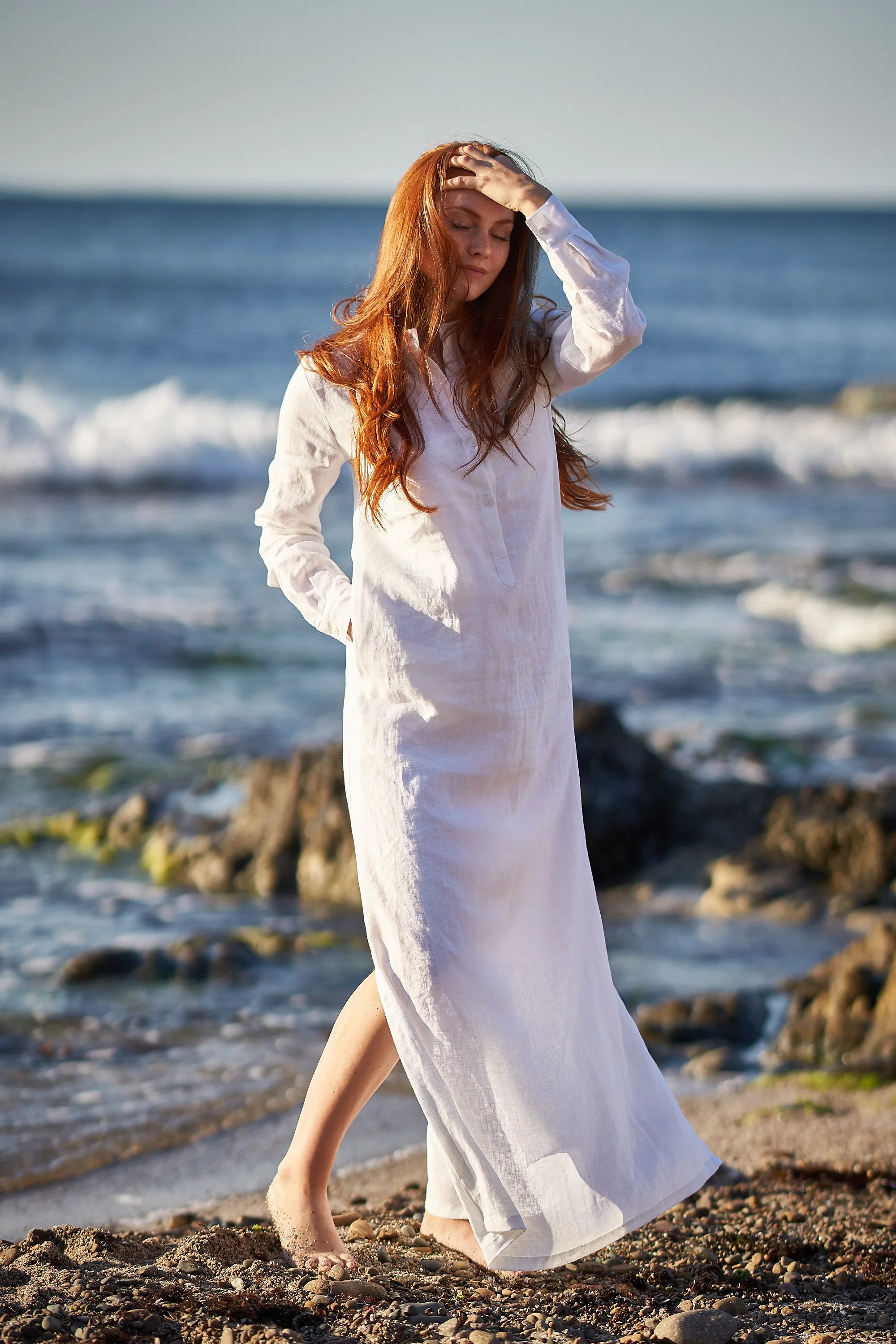 Linen Kaftan Shirt Dress in White