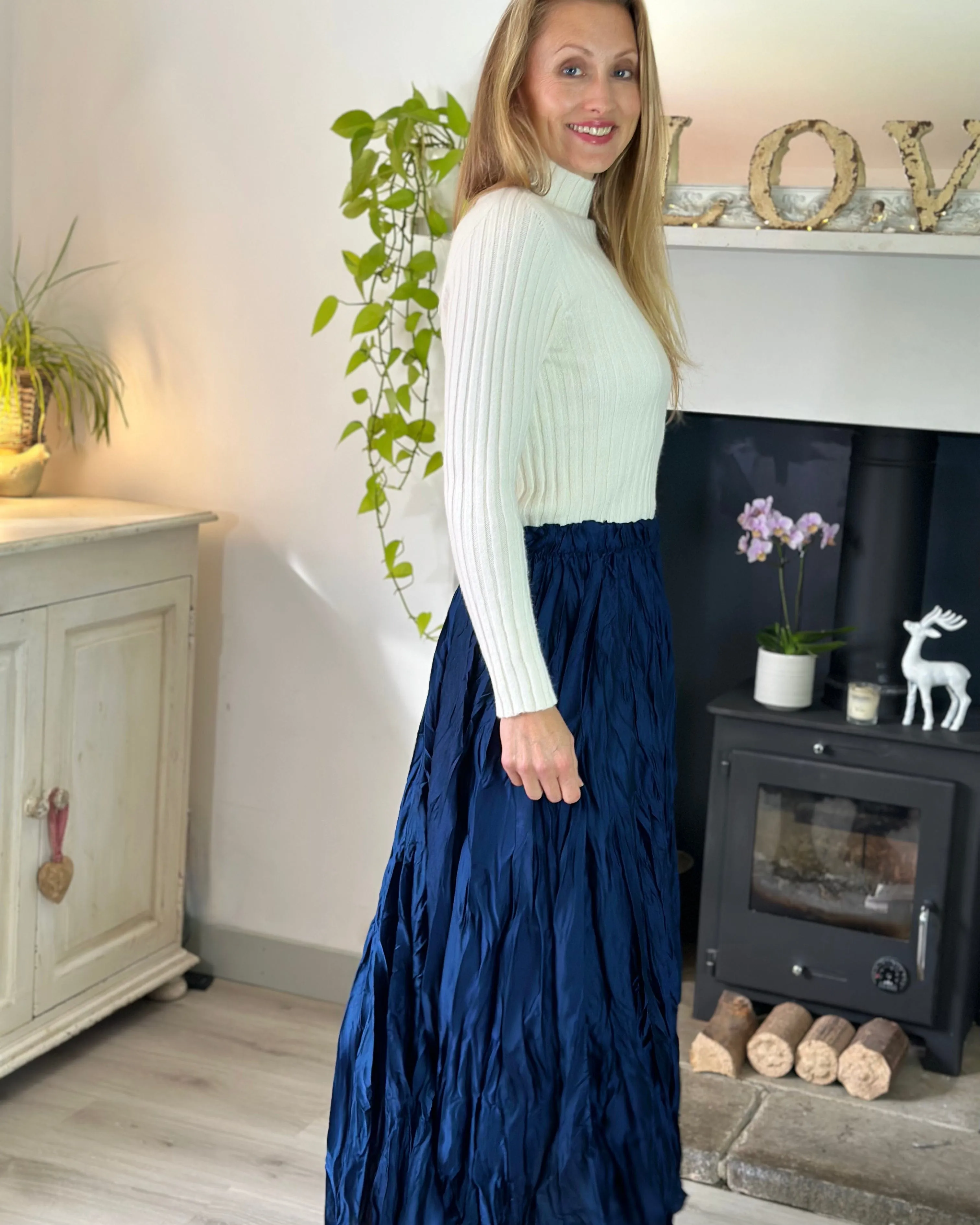 Long Crinkle Satin Skirt - Navy