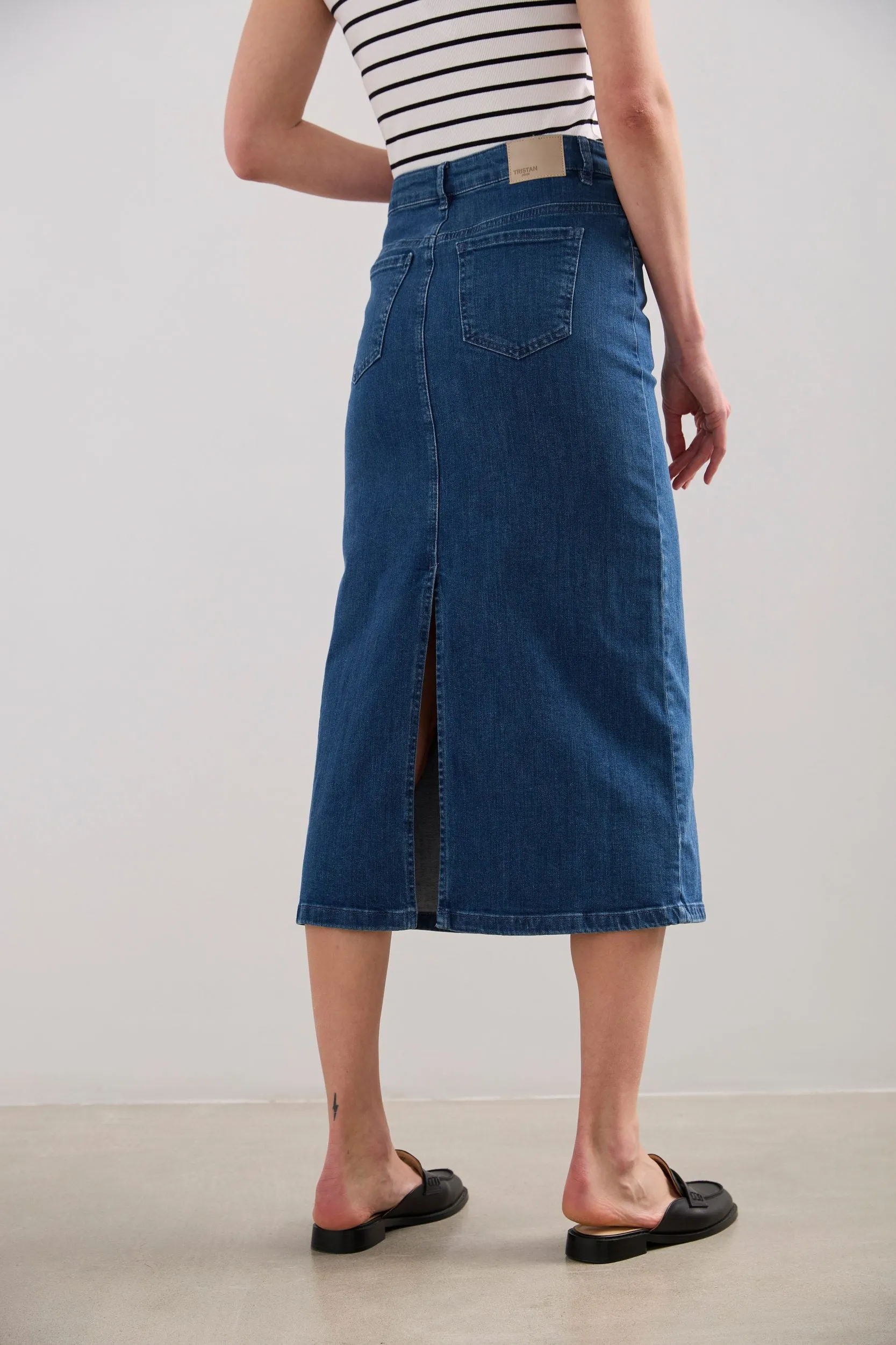 Long denim skirt with slit