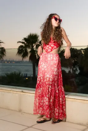 Long Gypsy Red Flower Skirt