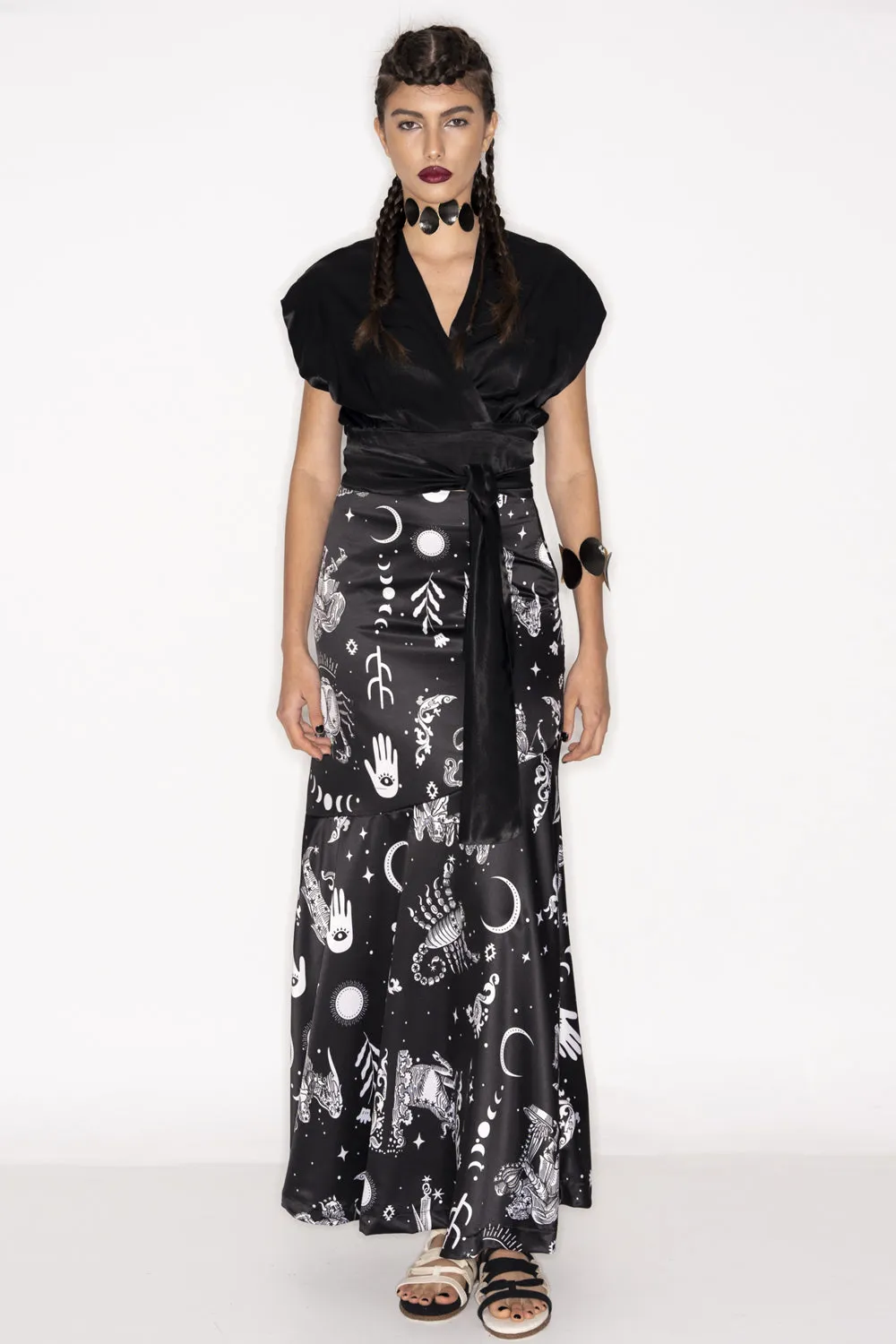 LONG SATIN SKIRT "SOLAR" BLACK/WHITE