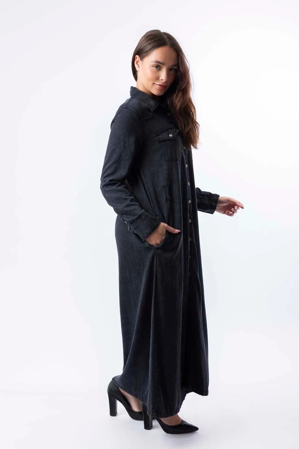 Long Sleeve Belt Loops Thick A-Line Denim Maxi Dress