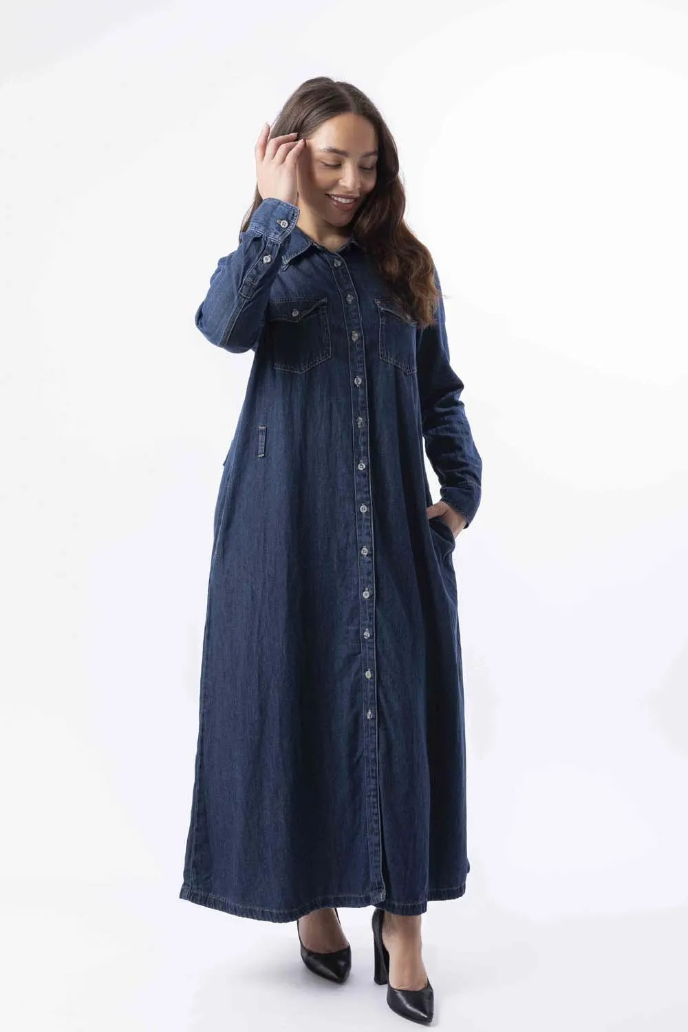 Long Sleeve Belt Loops Thick A-Line Denim Maxi Dress