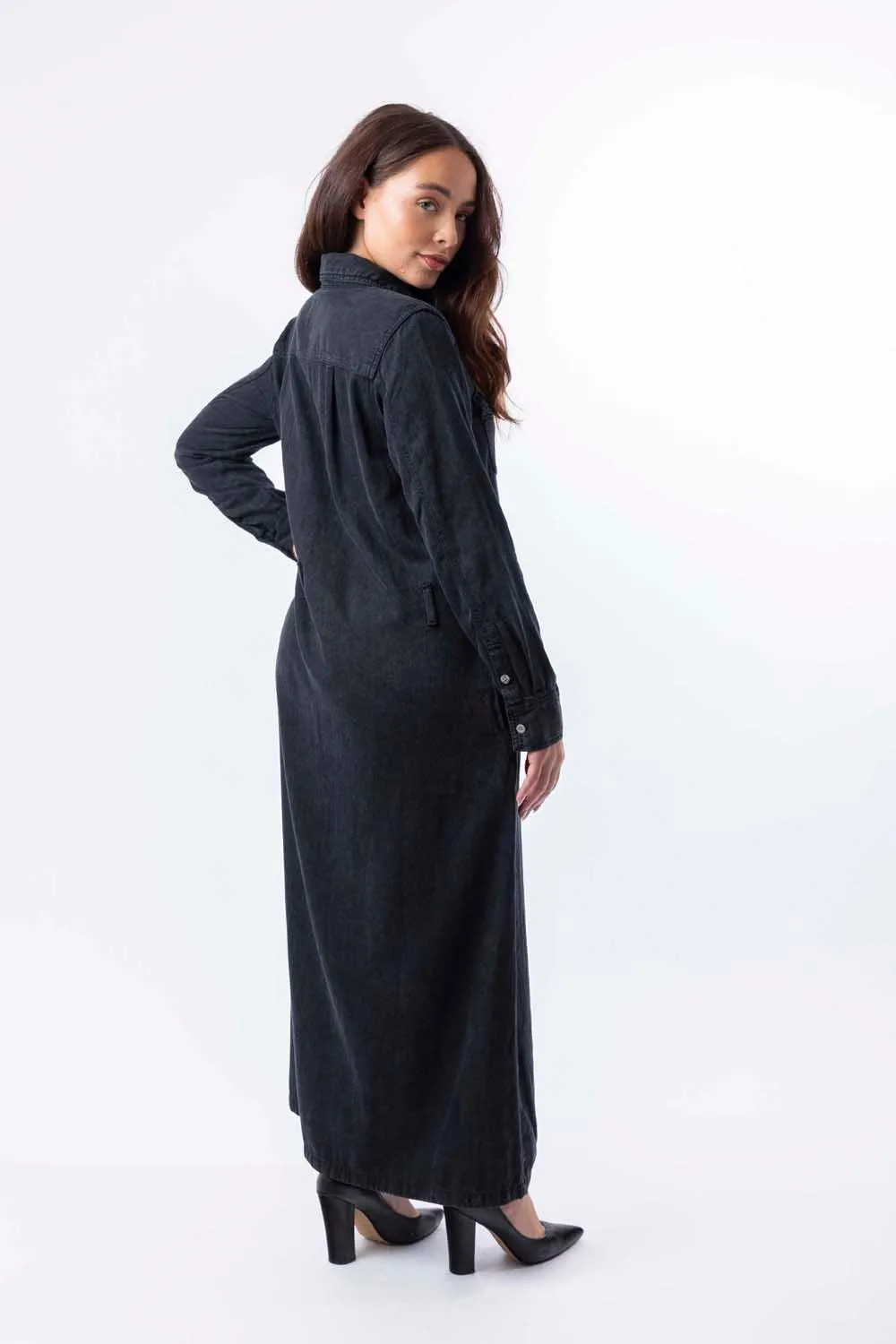 Long Sleeve Belt Loops Thick A-Line Denim Maxi Dress