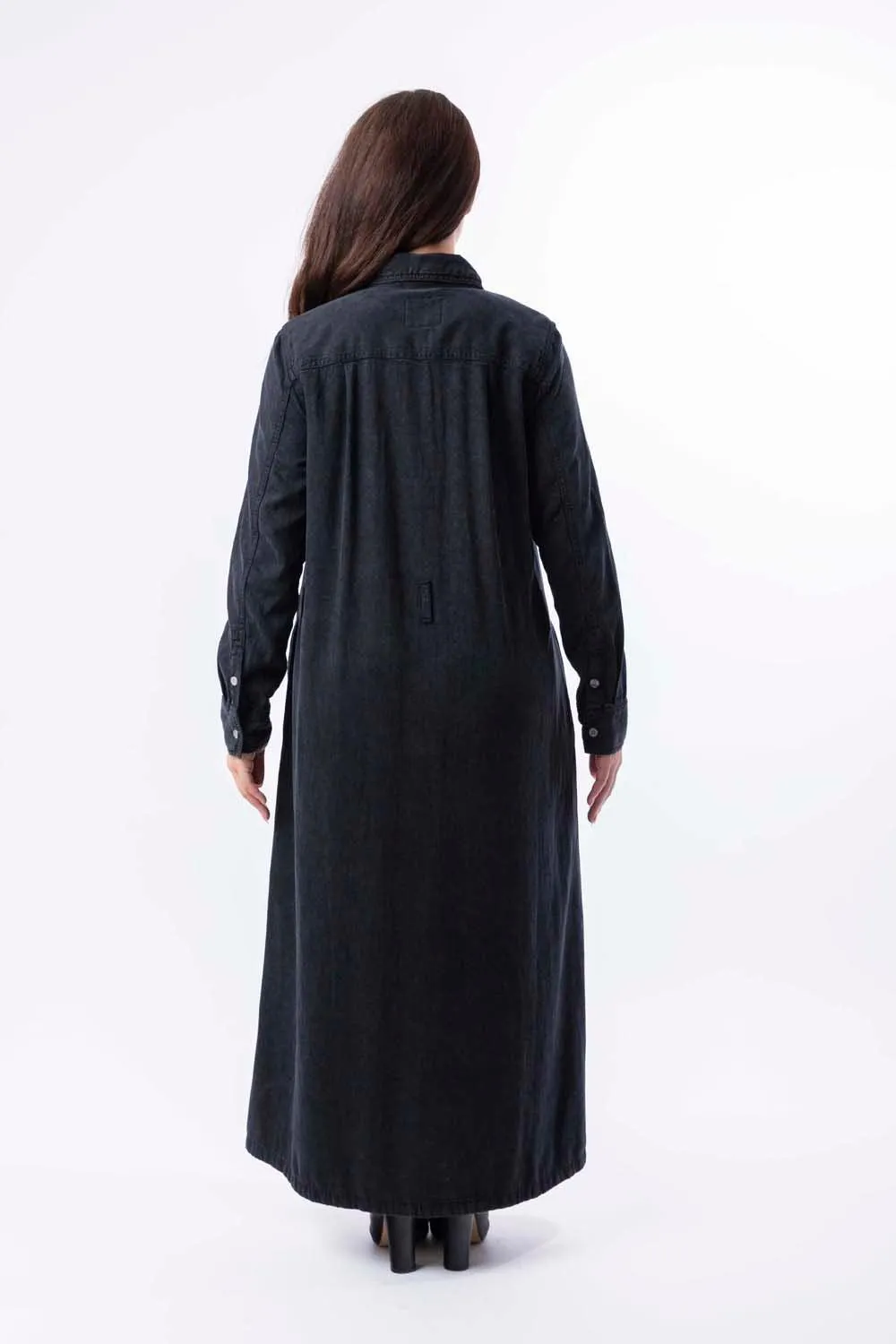 Long Sleeve Belt Loops Thick A-Line Denim Maxi Dress