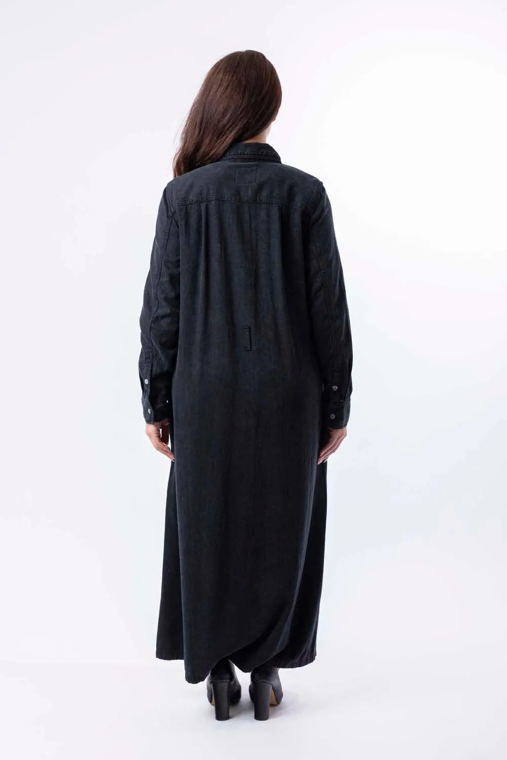 Long Sleeve Belt Loops Thick A-Line Denim Maxi Dress