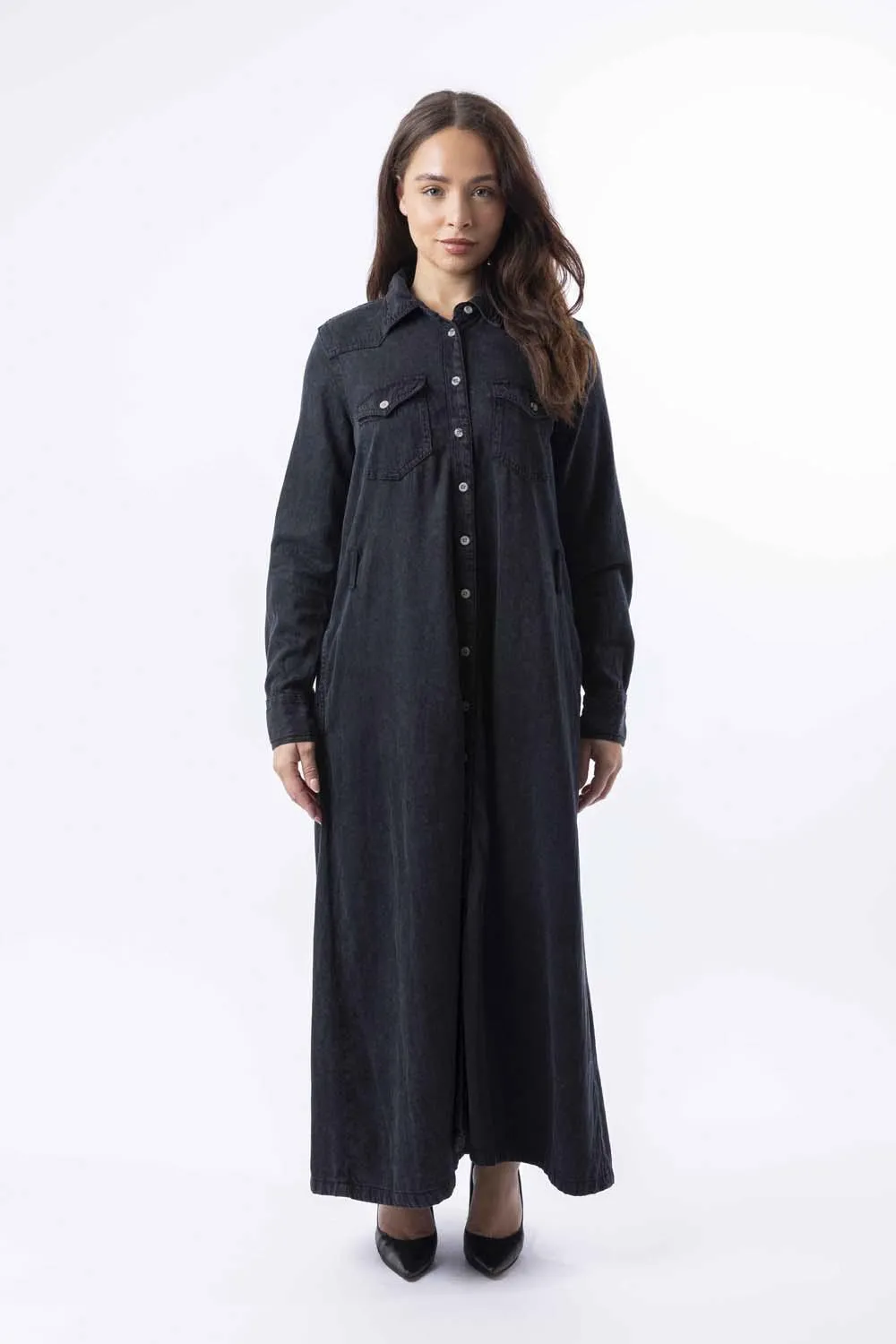 Long Sleeve Belt Loops Thick A-Line Denim Maxi Dress