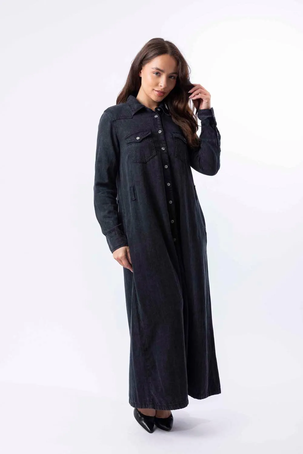 Long Sleeve Belt Loops Thick A-Line Denim Maxi Dress