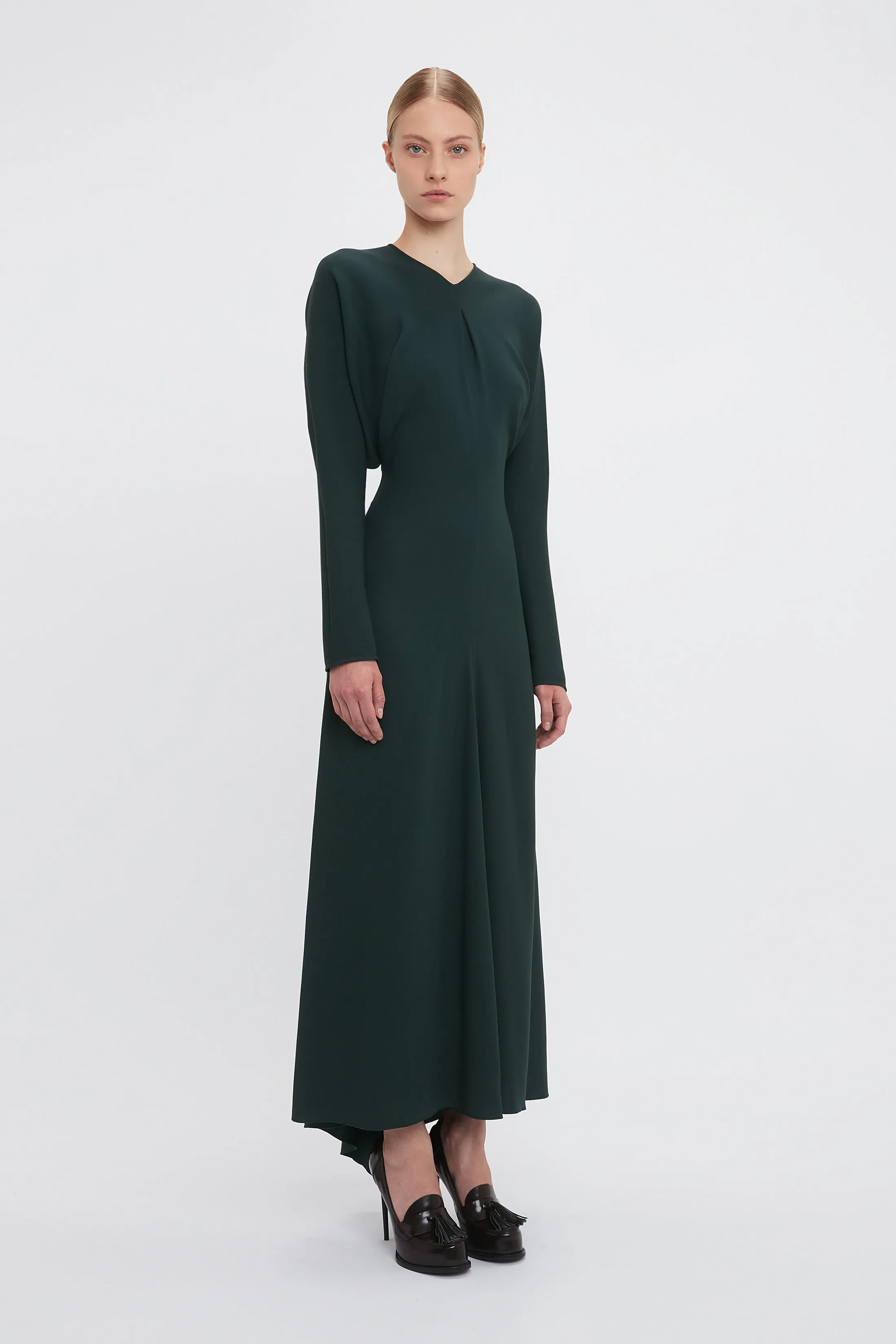 Long Sleeve Draped Midi Dress In Seaweed