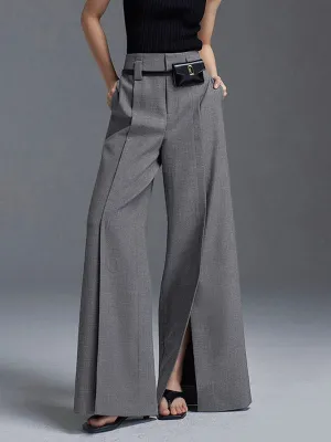 Loose Wide Leg High-Waisted Pleated Split-Front Pants Trousers