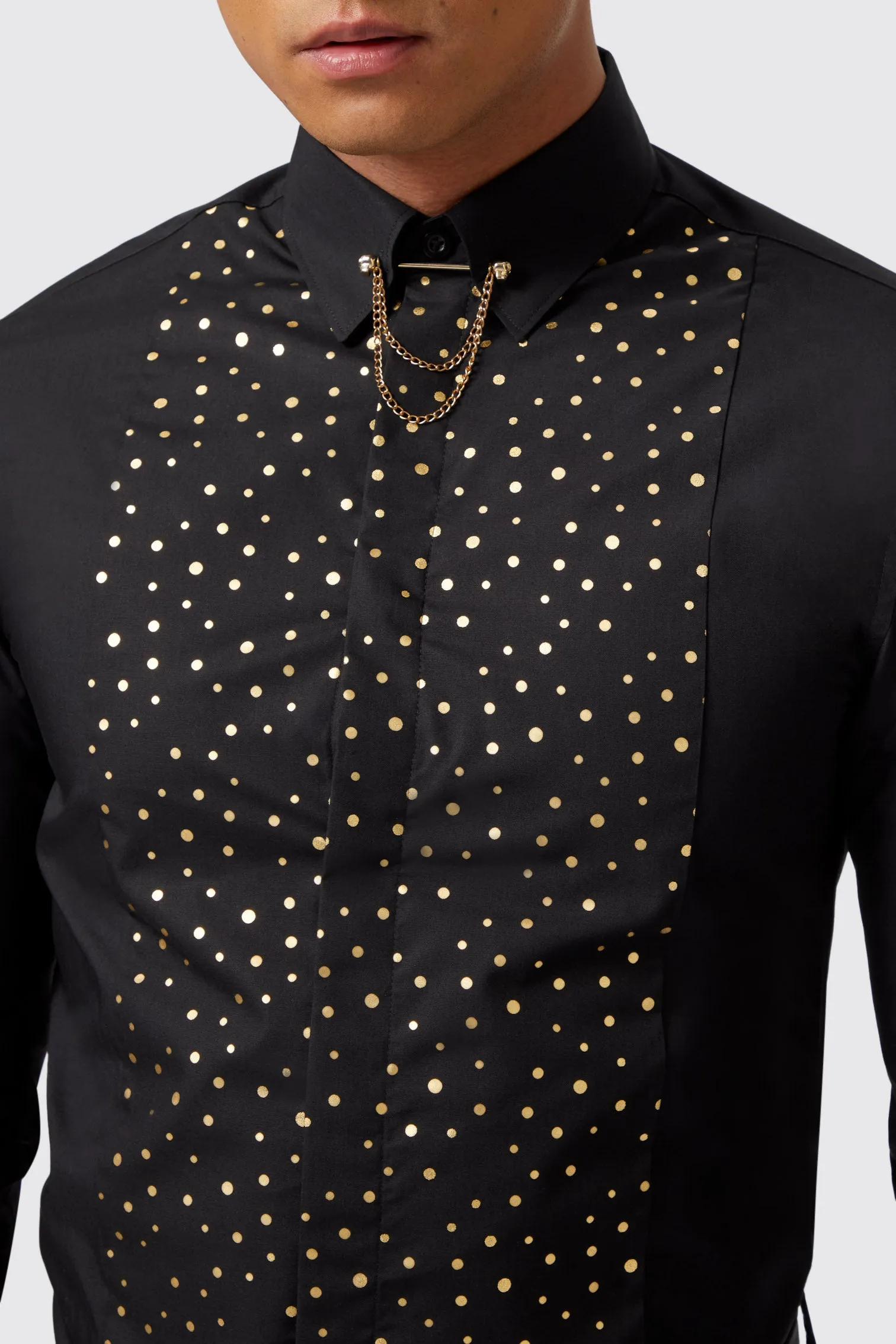 Luizzi Slim Fit Gold Spot Print Black Cotton Shirt