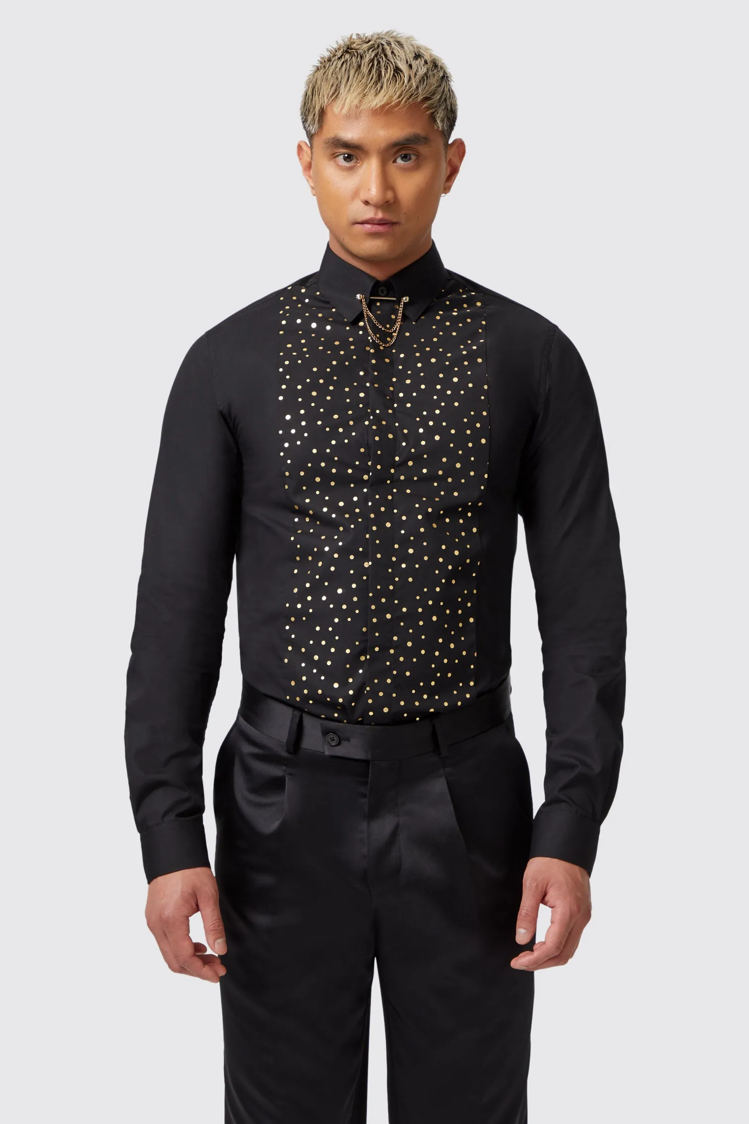 Luizzi Slim Fit Gold Spot Print Black Cotton Shirt