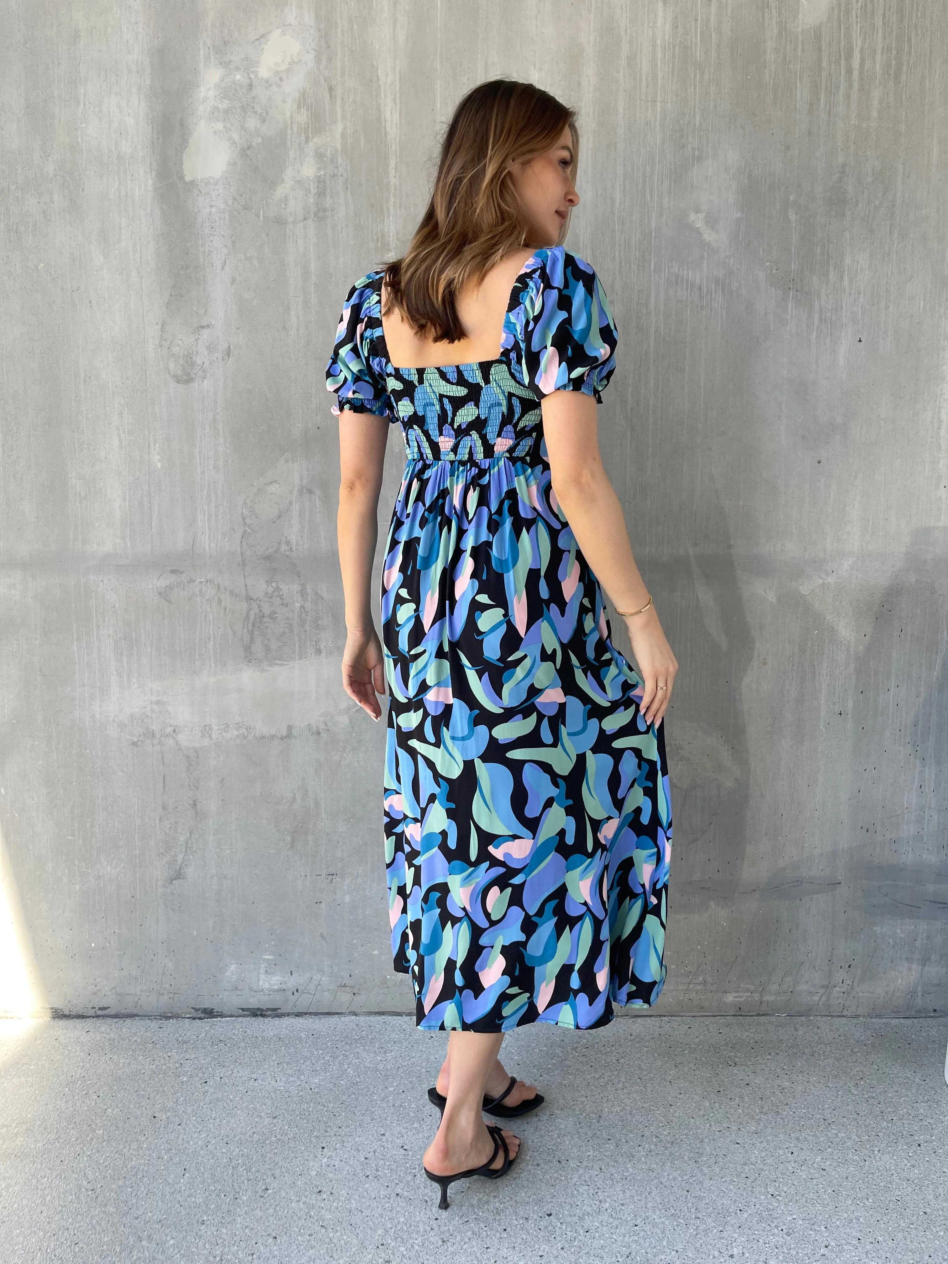 Lulu Tie Front Blue Multi Geo Print Midi Dress