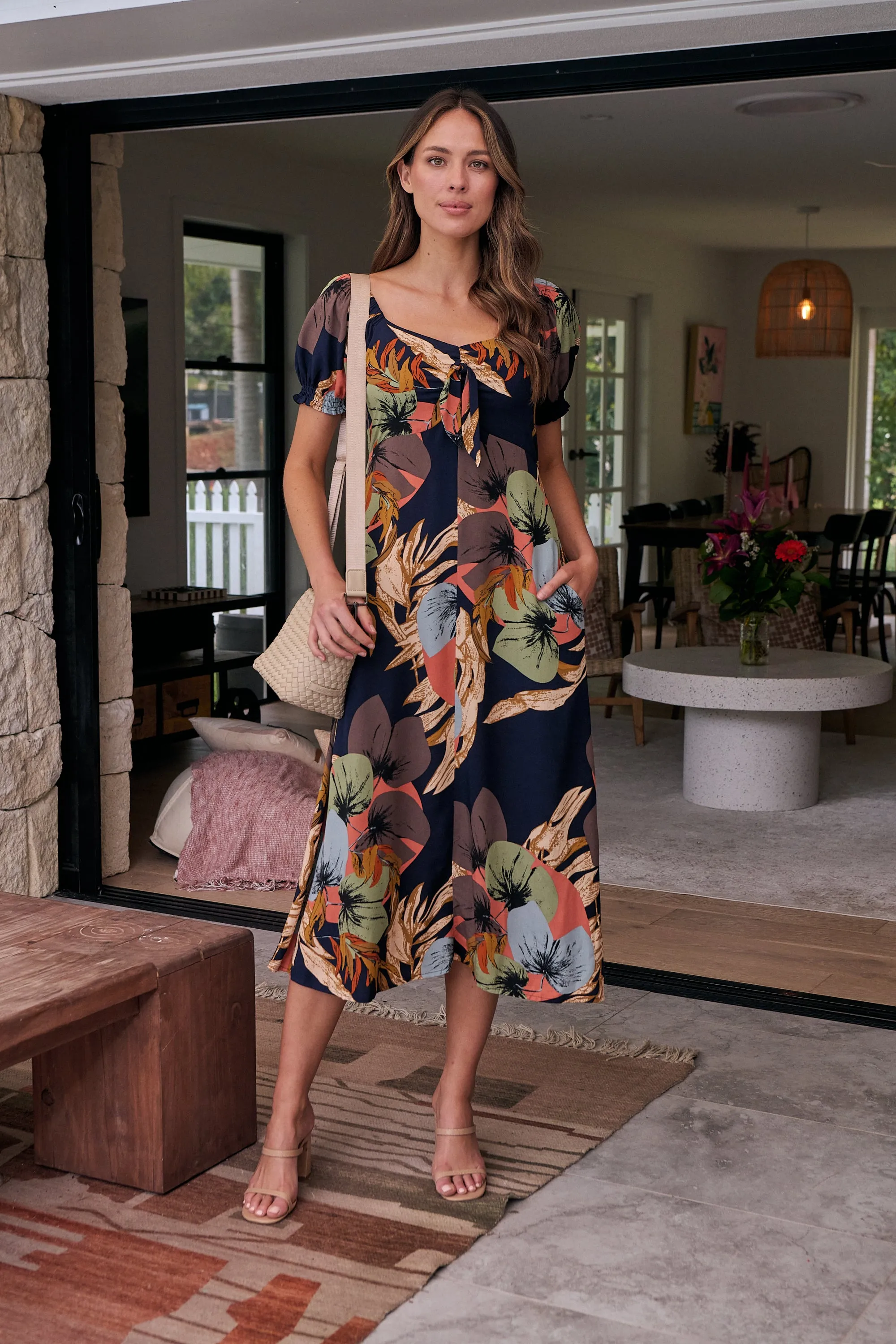 Lulu Tie Front Navy Multi Leaf Print Midi Dress