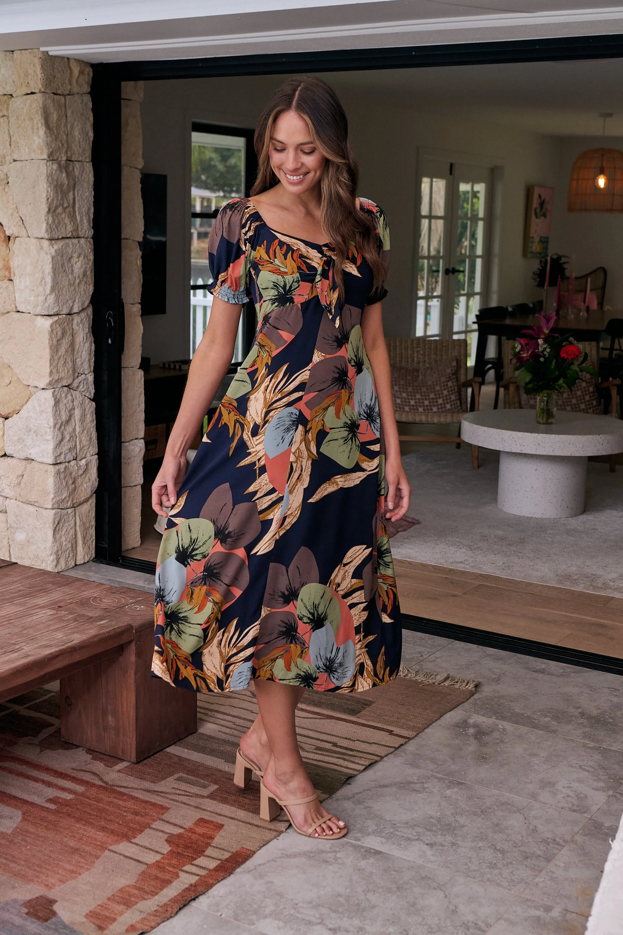 Lulu Tie Front Navy Multi Leaf Print Midi Dress