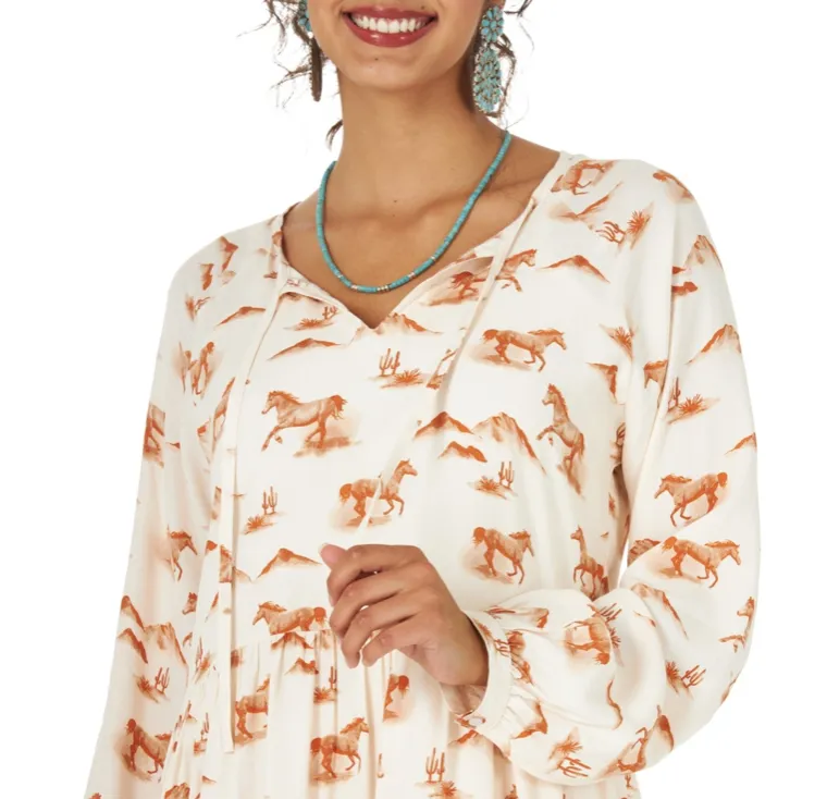 LWD334W - Wrangler Women's Horse Tiered Hem Long Sleeve Dress