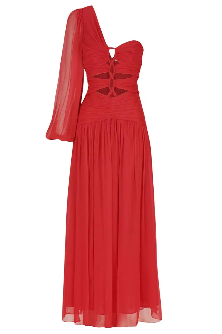 Margot LS One Shoulder Lace Up Maxi Dress in Sailor Red | FINAL SALE