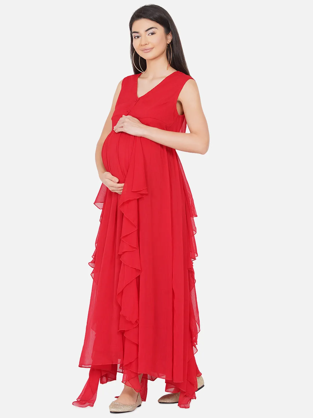 Maternity Solid Red Color Long Maxi Baby Shower Dress