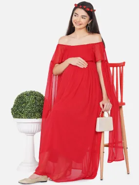 Maternity Solid Red Maxi Baby Shower Dress