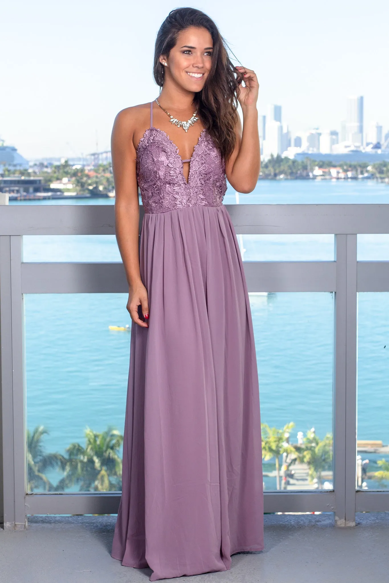 Mauve Maxi Dress Embroidered Top and Strappy Back