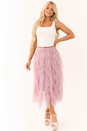 Mauve Tulle Spiral Ruffle Midi Skirt