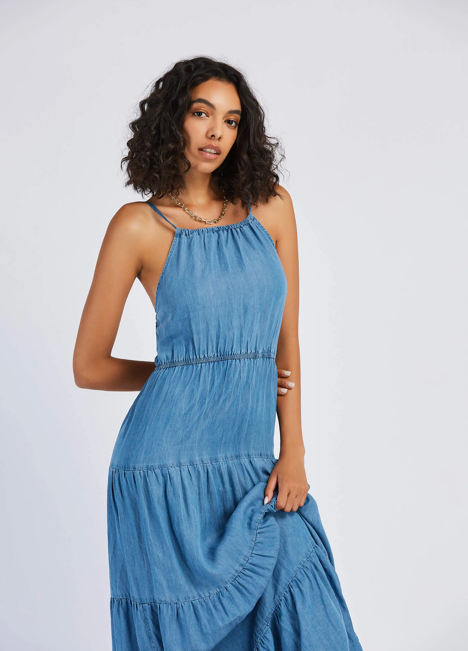 MECALA Women's Ruched Denim Cami Strap Dress