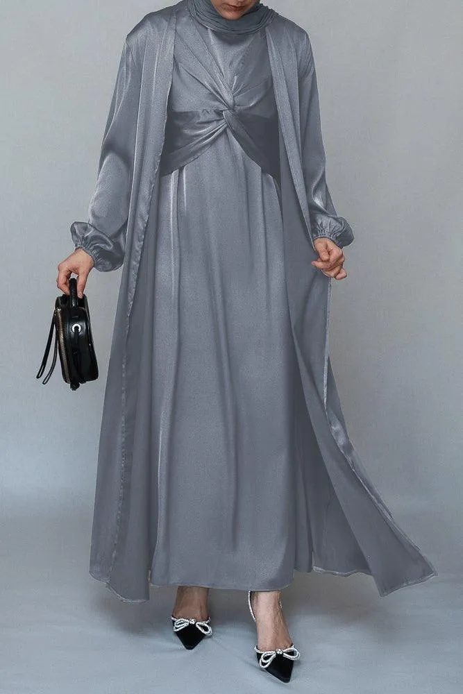 Meltem 2 piece luxury 2 piece abaya with wrap bodice in grey