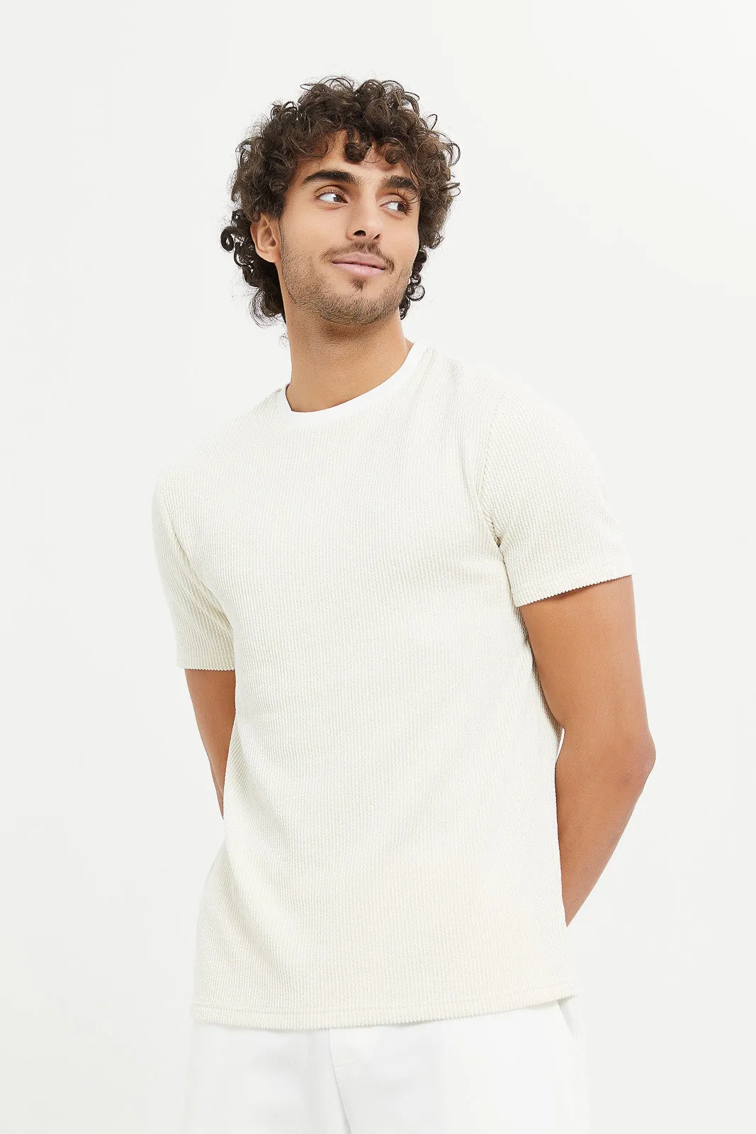 Men Beige Seersucker T-Shirt