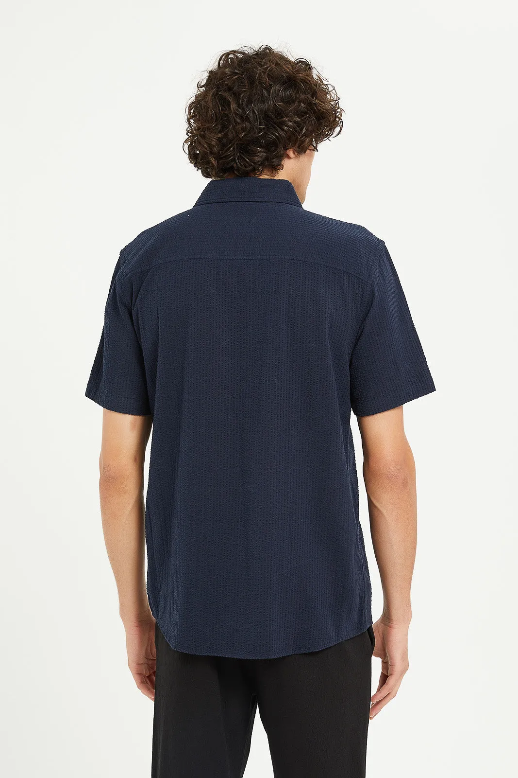 Men Navy Seersucker Short Sleeve Shirt