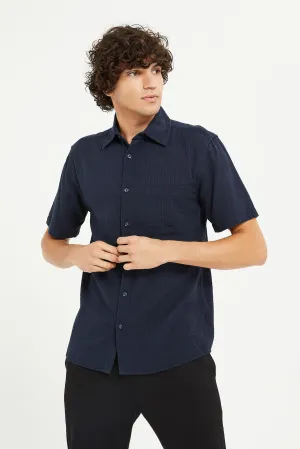 Men Navy Seersucker Short Sleeve Shirt