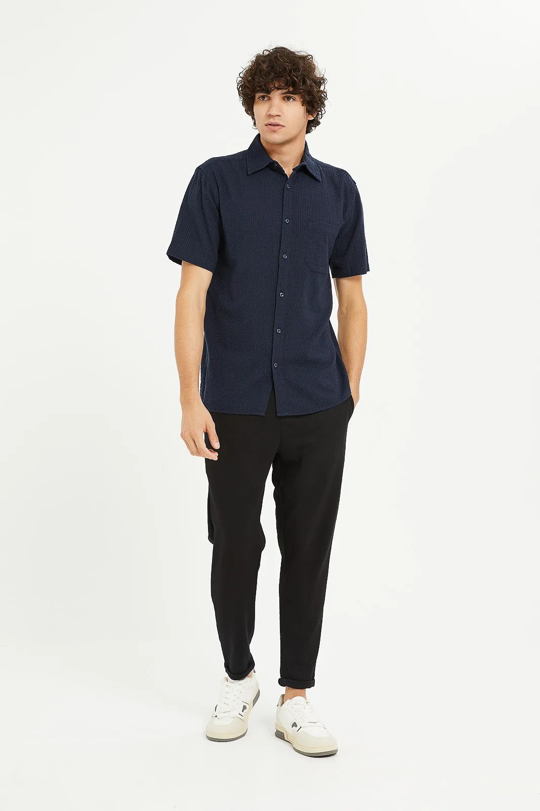 Men Navy Seersucker Short Sleeve Shirt