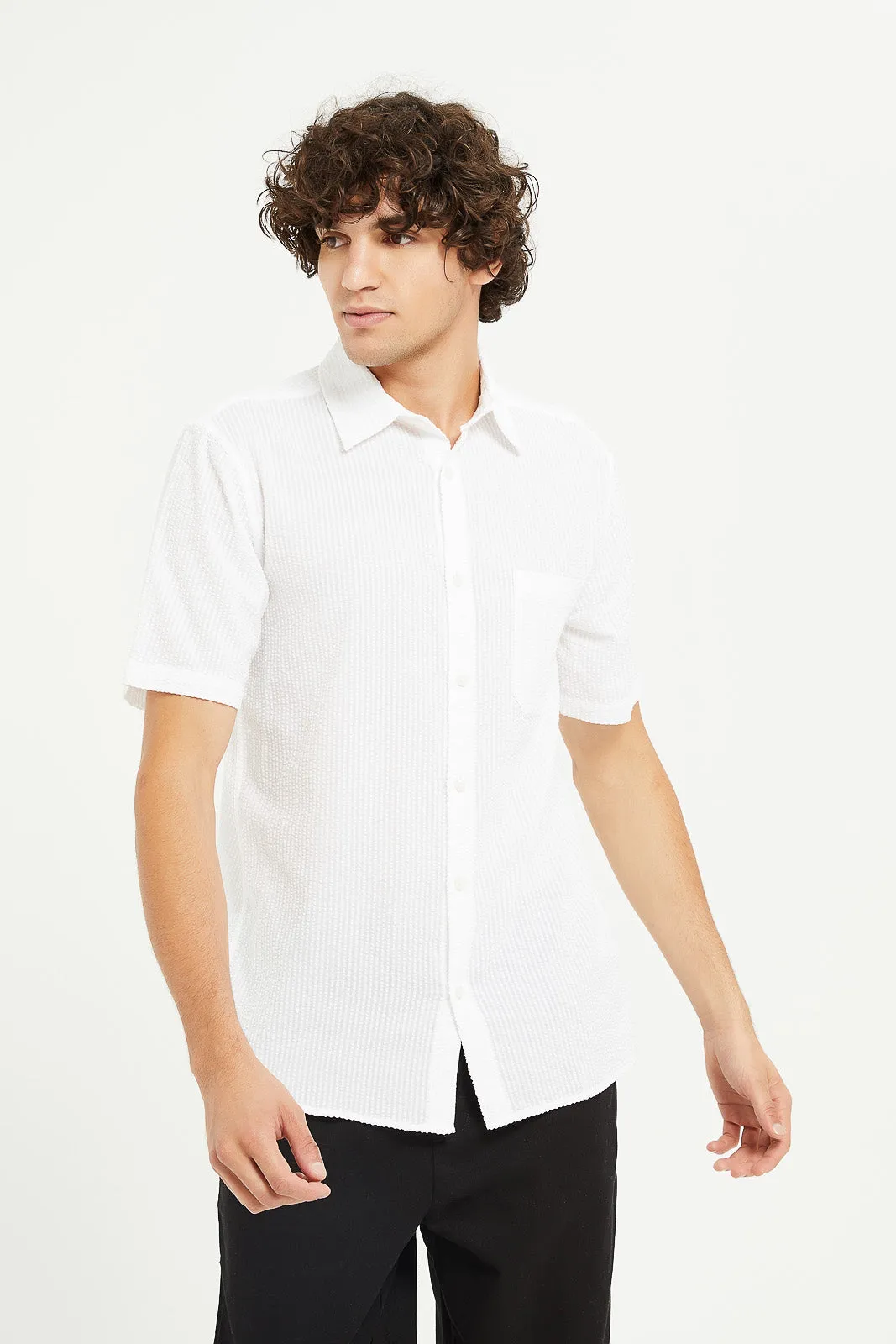 Men White Seersucker Short Sleeve Shirt