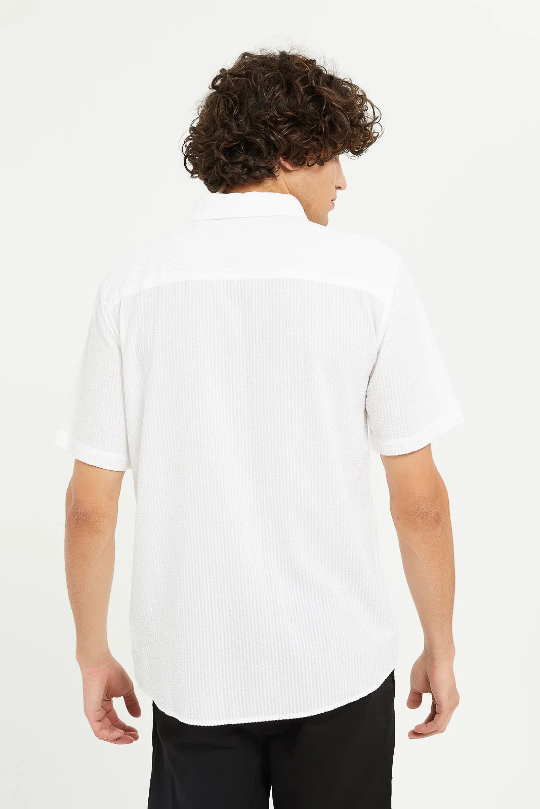 Men White Seersucker Short Sleeve Shirt