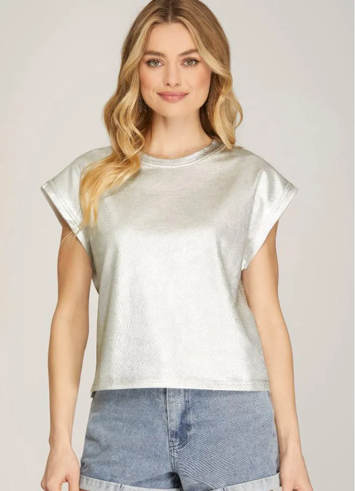 Metallic Coated Light Distressed Knit SS Top in Off White by She   Sky