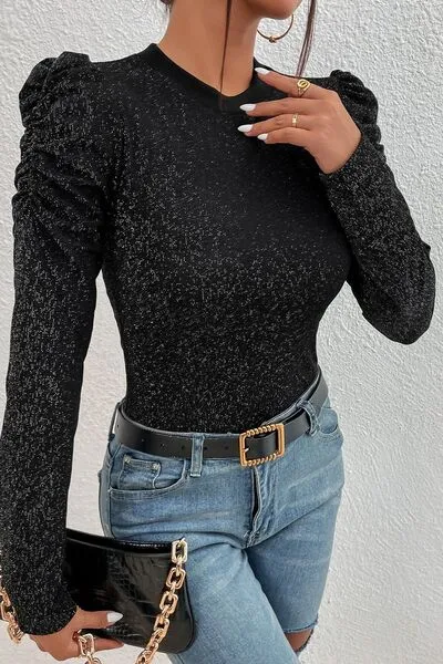 Metallic Round Neck Puff Sleeve Blouse