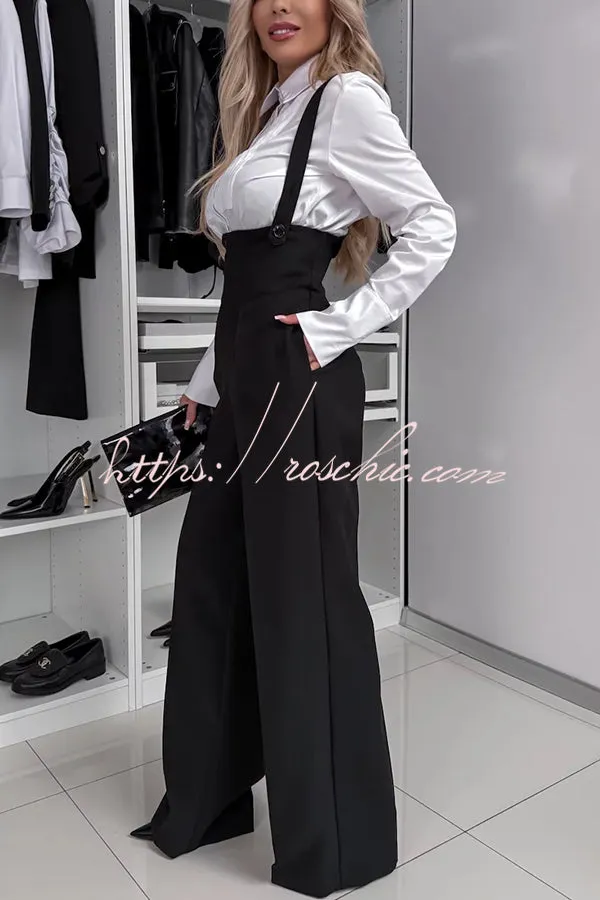 Modern Charm Zipper High Rise Button Cross Straps Pocket Wide Leg Pants