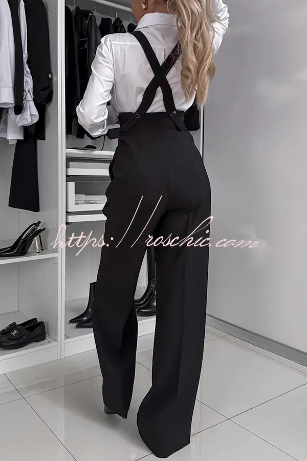 Modern Charm Zipper High Rise Button Cross Straps Pocket Wide Leg Pants