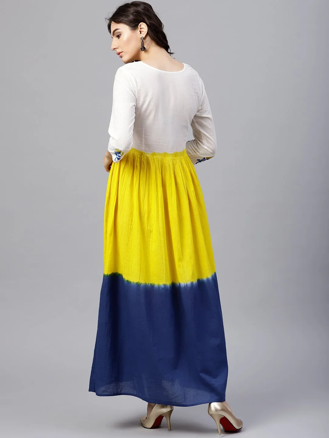 Multi Colored Ombre Dyed Maxi Dress With Round Neck And 3/4 Sleeves