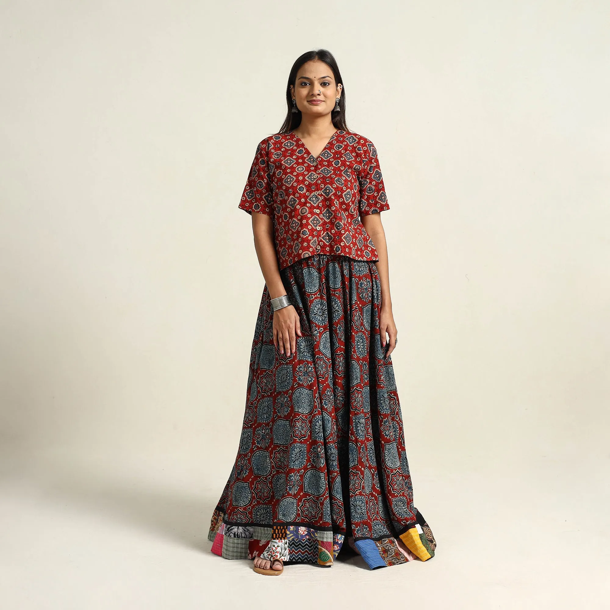 Multicolor - Hand Block Printed Cotton Long Ajrakh Skirt 18