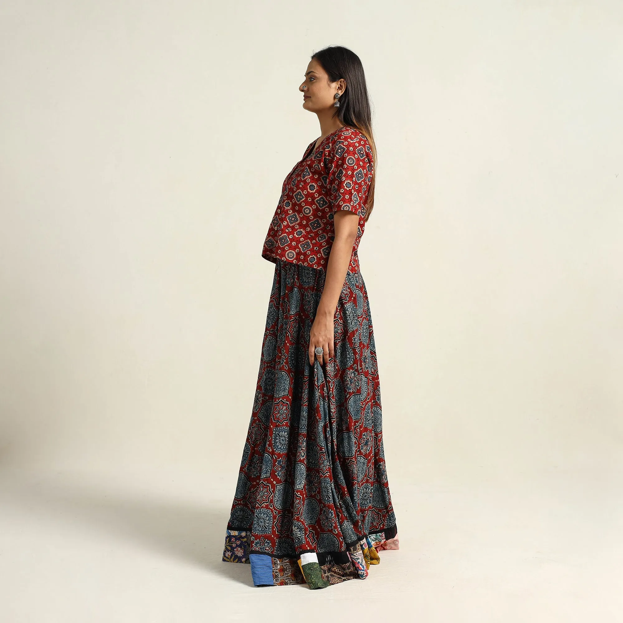 Multicolor - Hand Block Printed Cotton Long Ajrakh Skirt 18