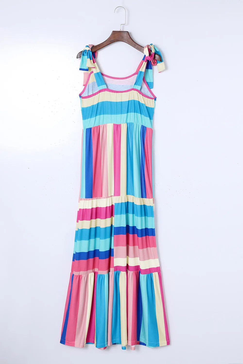 Multicolor Striped Print Bow Knot Straps Sleeveless Maxi Dress