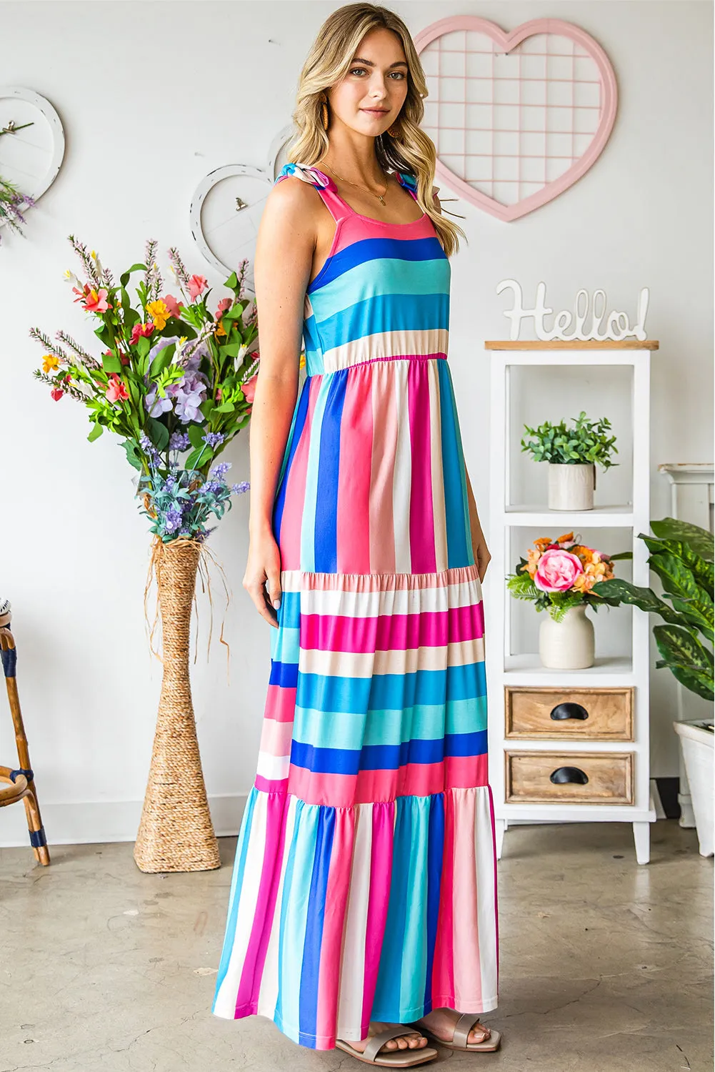 Multicolor Striped Print Bow Knot Straps Sleeveless Maxi Dress