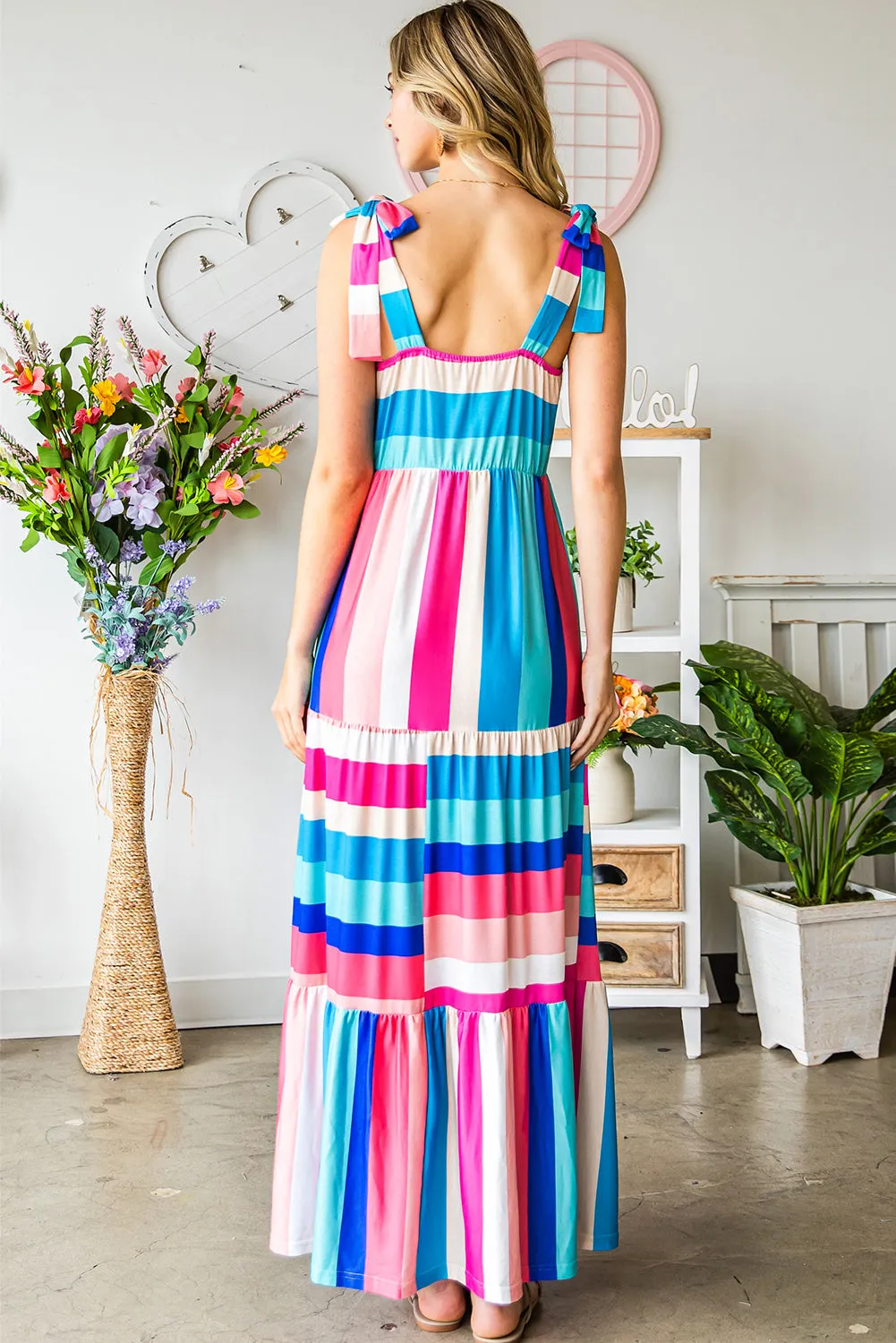 Multicolor Striped Print Bow Knot Straps Sleeveless Maxi Dress