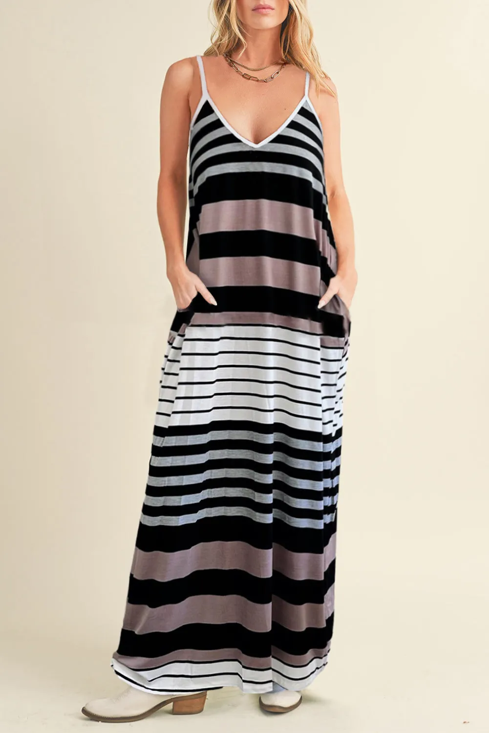 Multicolour Stripes Spaghetti Straps V Neck Maxi Dress